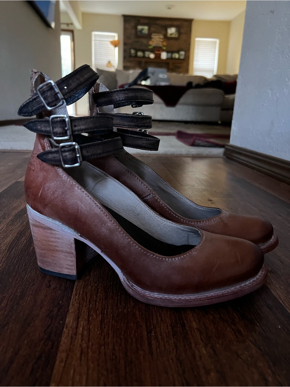 freebird Brown Leather Block Heels with Triple Dark Straps
